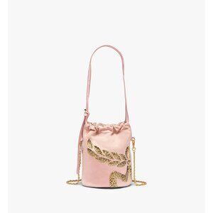 MCM Himmel Gold Studded Pink Nylon Laurel Drawstring Crossbody Bucket Bag NWT